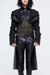Black Punk Short Front And Long Back Cape Style Long Leather Mens Coat